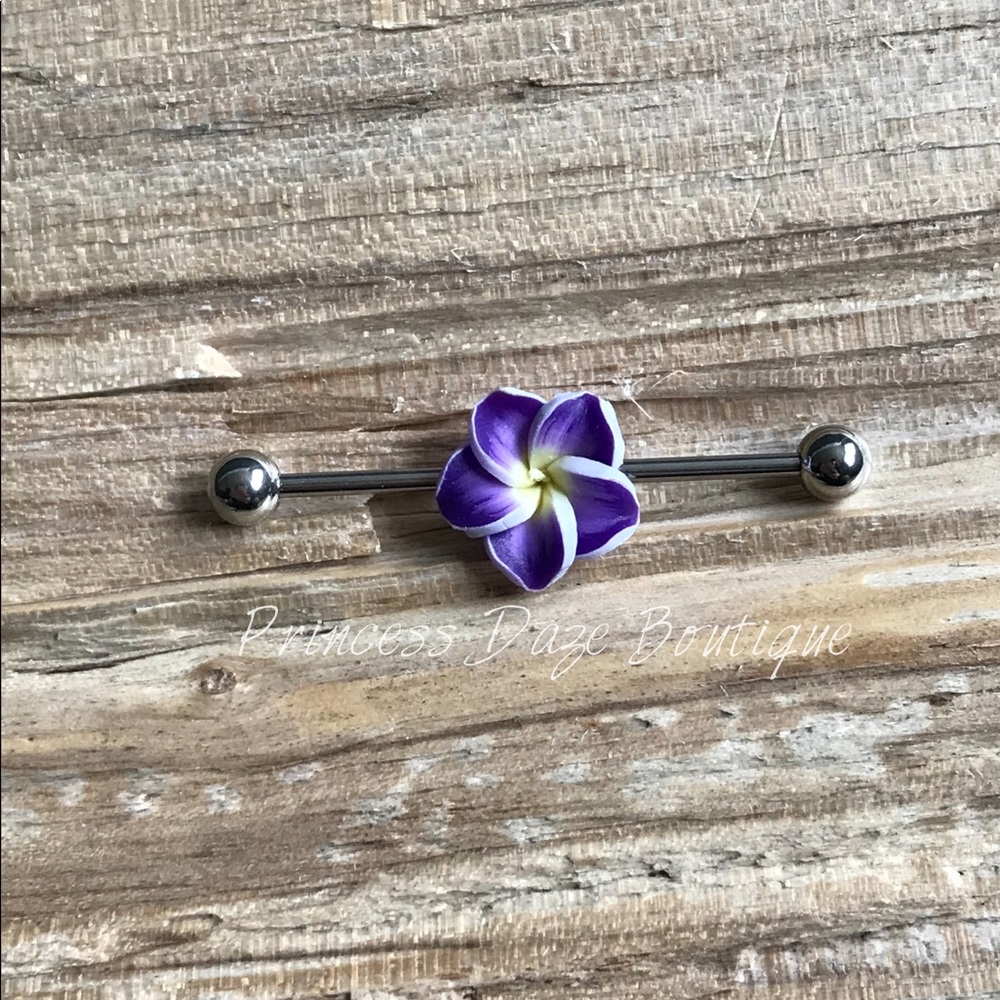 Purple Hawaiian Flower Silver Industrial Barbell Earring